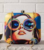 Multicolored portrait printed clutch bag for women with detachable strap