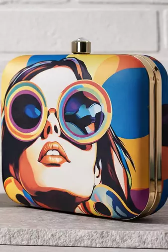 Multicolored portrait printed clutch bag for women with detachable strap