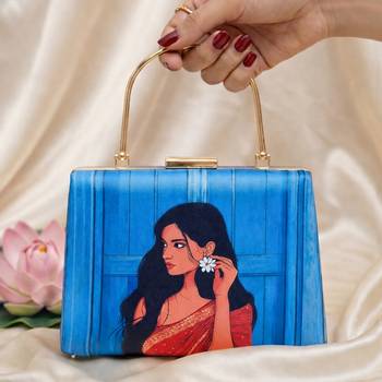 Blue based red saree women portrait printed clutch bag for women with detachable strap 1