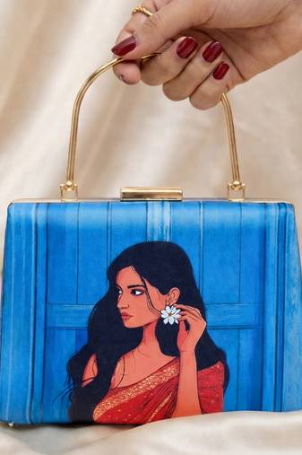 Blue based red saree women portrait printed clutch bag for women with detachable strap