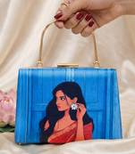 Blue based red saree women portrait printed clutch bag for women with detachable strap