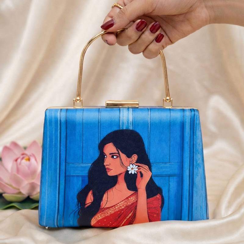 Blue based red saree women portrait printed clutch bag for women with detachable strap