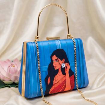 Blue based red saree women portrait printed clutch bag for women with detachable strap 2