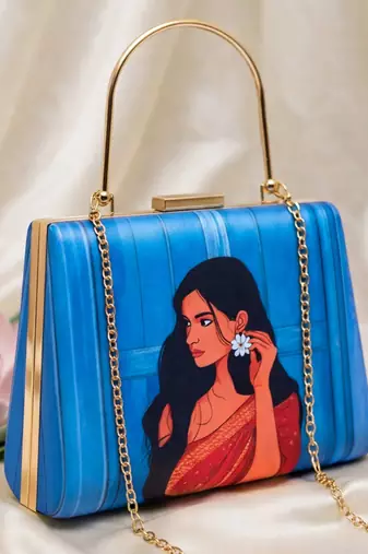 Blue based red saree women portrait printed clutch bag for women with detachable strap