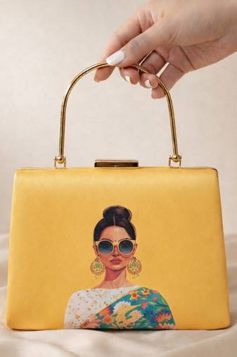 Yellow based classy women printed clutchbag for women with detachable strap