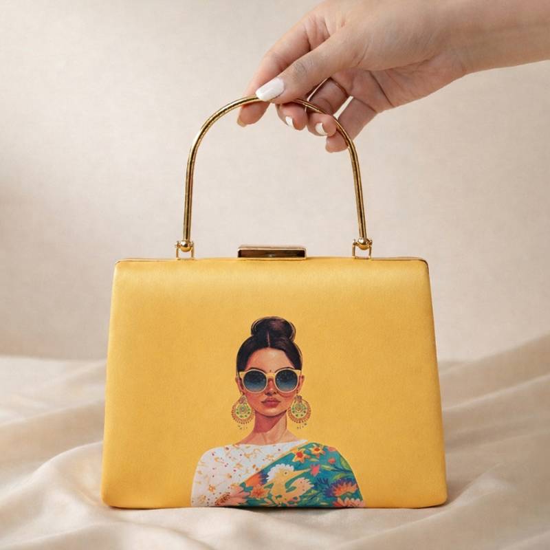 Yellow based classy women printed clutchbag for women with detachable strap
