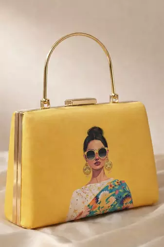 Yellow based classy women printed clutchbag for women with detachable strap