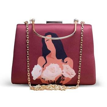 Maroon based floral girl portrait printed clutch bag for women with detachable strap 1