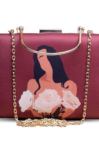 Maroon based floral girl portrait printed clutch bag for women with detachable strap