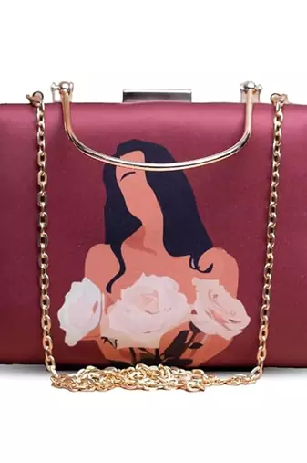 Maroon based floral girl portrait printed clutch bag for women with detachable strap