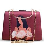 Maroon based floral girl portrait printed clutch bag for women with detachable strap
