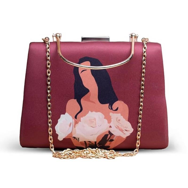 Maroon based floral girl portrait printed clutch bag for women with detachable strap