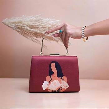 Maroon based floral girl portrait printed clutch bag for women with detachable strap 2