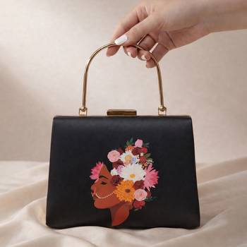 Black based floral lady portrait printed clutch bag for women with detachable strap 1