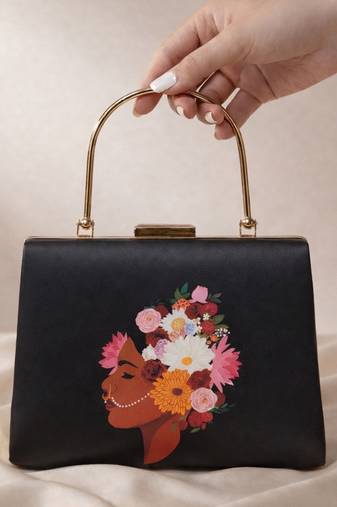 Black based floral lady portrait printed clutch bag for women with detachable strap