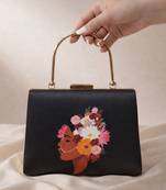Black based floral lady portrait printed clutch bag for women with detachable strap