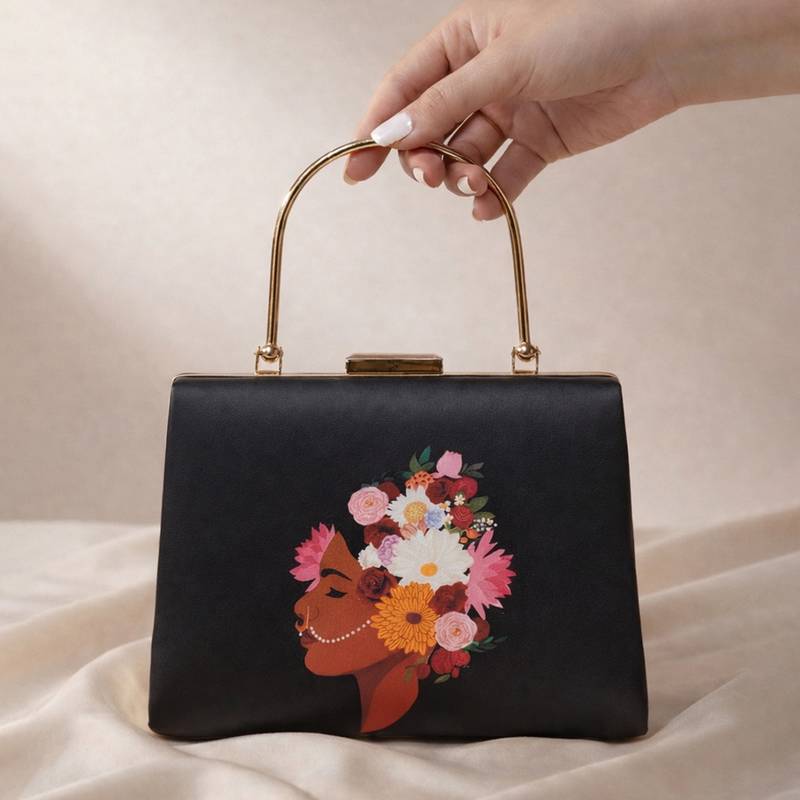 Black based floral lady portrait printed clutch bag for women with detachable strap