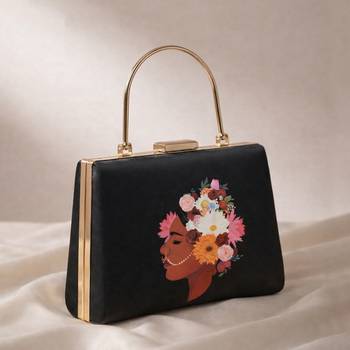 Black based floral lady portrait printed clutch bag for women with detachable strap 2
