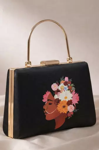 Black based floral lady portrait printed clutch bag for women with detachable strap