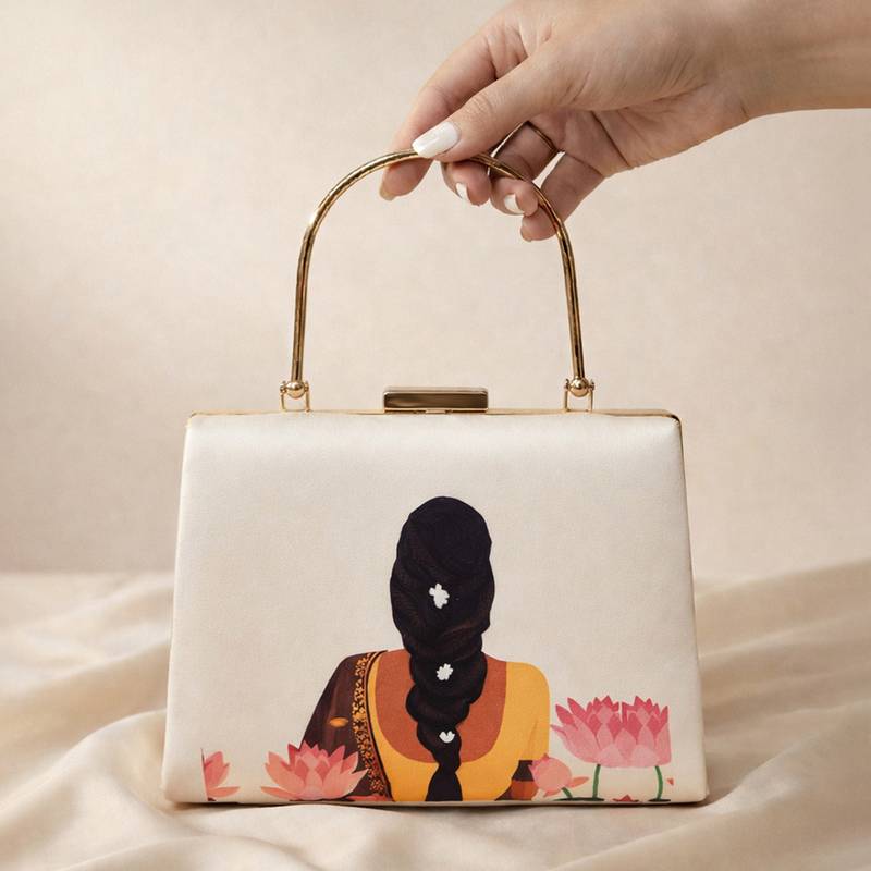 Flower lady printed clutchbag for women with detachable strap
