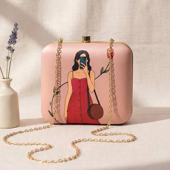 Peach based selfie girl portrait printed clutch bag for women with detachable strap 1