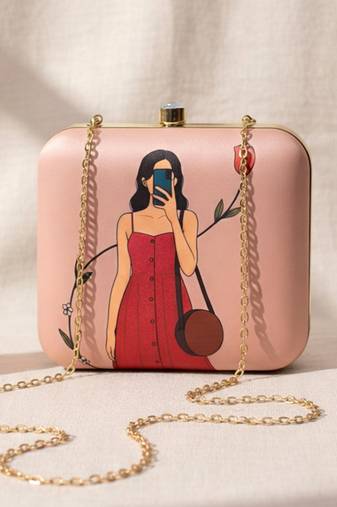 Peach based selfie girl portrait printed clutch bag for women with detachable strap