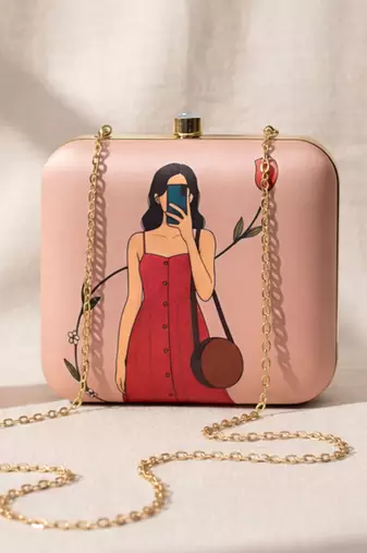 Peach based selfie girl portrait printed clutch bag for women with detachable strap