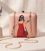 Peach based selfie girl portrait printed clutch bag for women with detachable strap