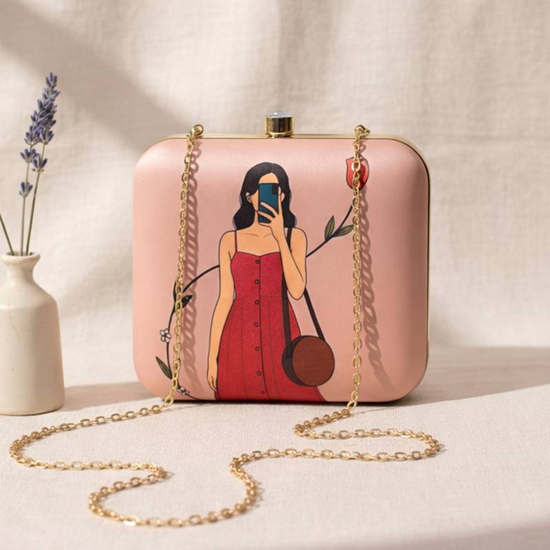 Peach based selfie girl portrait printed clutch bag for women with detachable strap