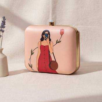 Peach based selfie girl portrait printed clutch bag for women with detachable strap 2