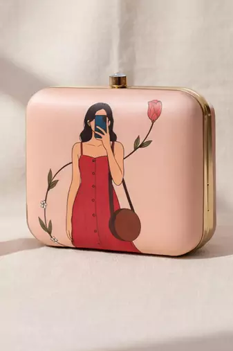 Peach based selfie girl portrait printed clutch bag for women with detachable strap