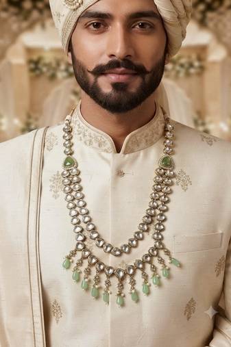 Pista c antique gold-plated agate stone  kundan dula mala Men Jewellery