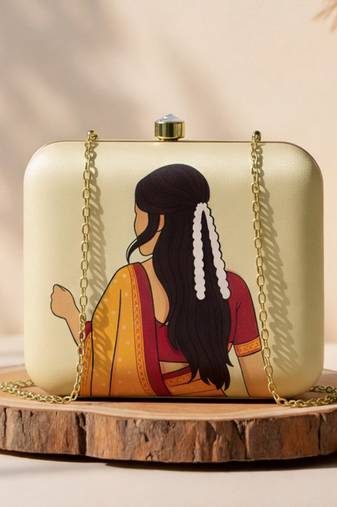 Beige based mustard saree woman with gajra portrait printed clutch