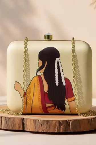 Beige based mustard saree woman with gajra portrait printed clutch