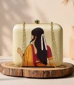 Beige based mustard saree woman with gajra portrait printed clutch