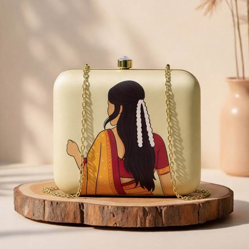 Beige based mustard saree woman with gajra portrait printed clutch
