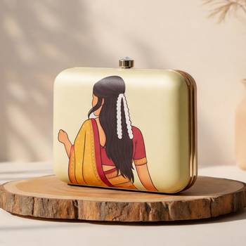 Beige based mustard saree woman with gajra portrait printed clutch 2