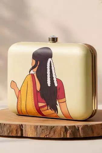 Beige based mustard saree woman with gajra portrait printed clutch