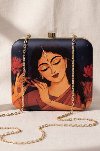 Black based dancing lady portrait printed clutch bag for women with detachable strap