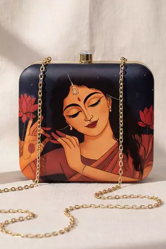 Black based dancing lady portrait printed clutch bag for women with detachable strap