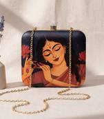 Black based dancing lady portrait printed clutch bag for women with detachable strap