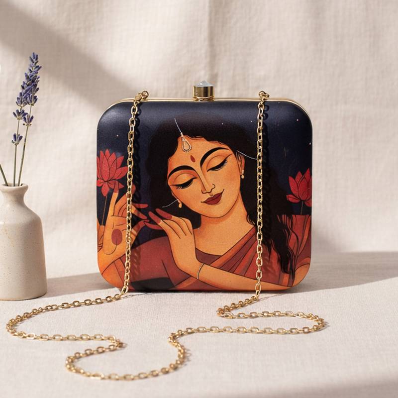 Black based dancing lady portrait printed clutch bag for women with detachable strap