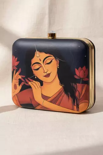 Black based dancing lady portrait printed clutch bag for women with detachable strap