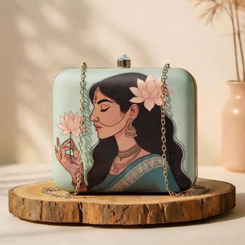 Pastel green based lotus lady printed clutch bag for women with detachable strap 1