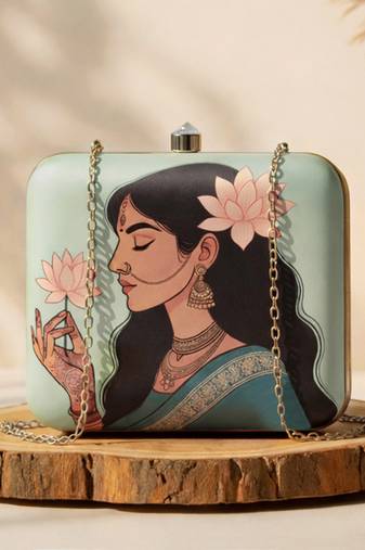 Pastel green based lotus lady printed clutch bag for women with detachable strap