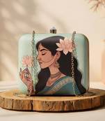 Pastel green based lotus lady printed clutch bag for women with detachable strap