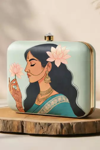 Pastel green based lotus lady printed clutch bag for women with detachable strap