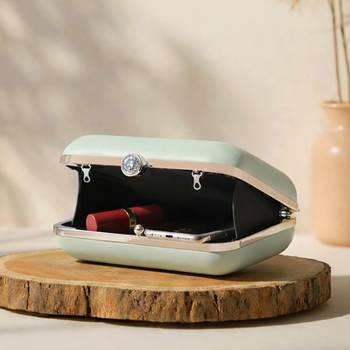 Pastel green based lotus lady printed clutch bag for women with detachable strap 3