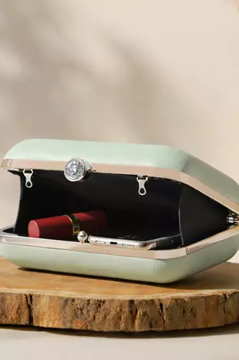 Pastel green based lotus lady printed clutch bag for women with detachable strap