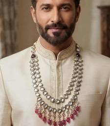 Purple antique gold-plated agate stone  kundan dula mala Men Jewellery
